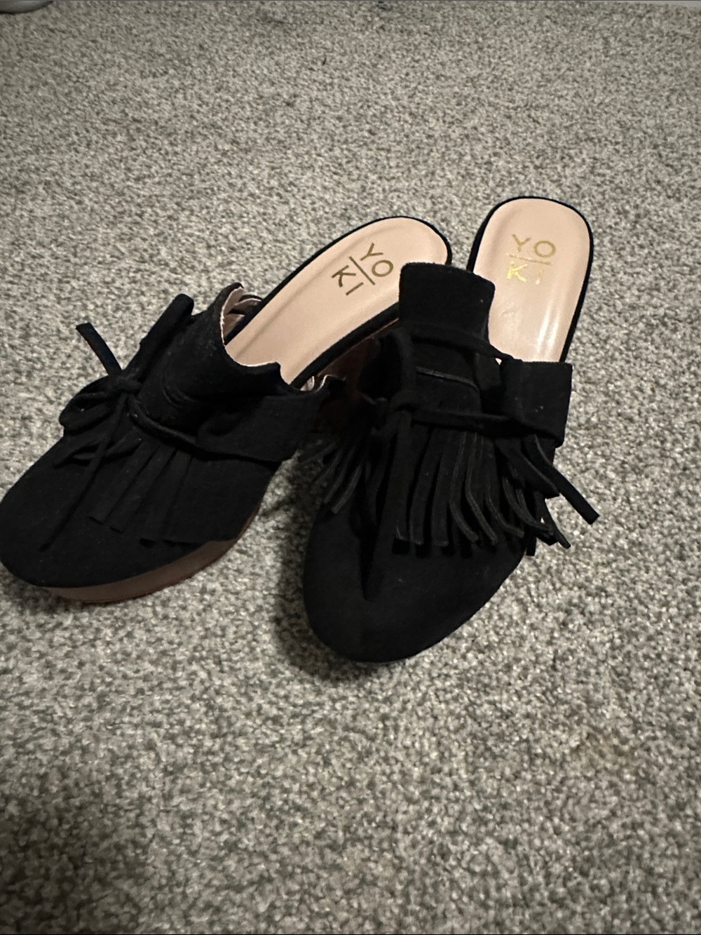 Yoki Black Suede-Look Fringe Slip-On Mules